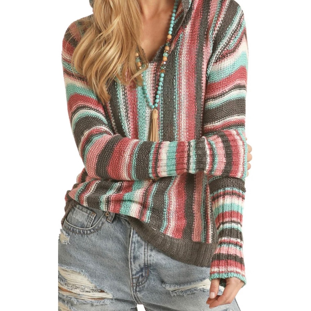 Rock and Roll Denim Striped Hooded Sweater Womens Size Small New Pink Teal Gray